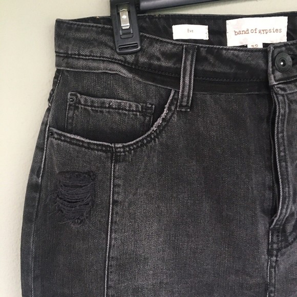 Band of Gypsies Denim Mini Skirt Women’s 32 Button Fly Raw Hem Pockets Y2K Boho - Picture 4 of 11